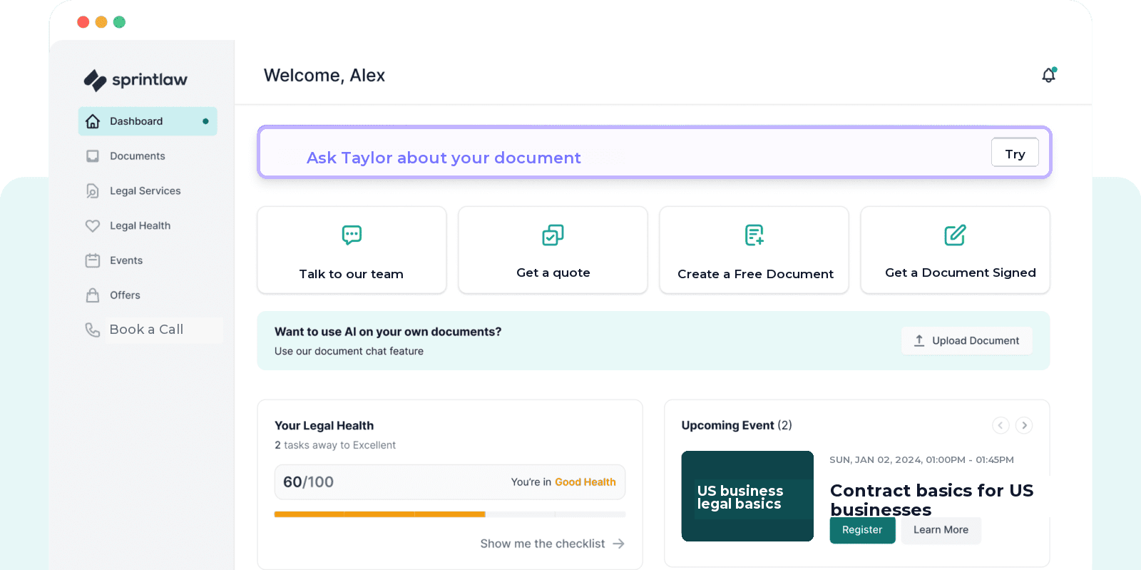 Sprintlaw legal platform dashboard